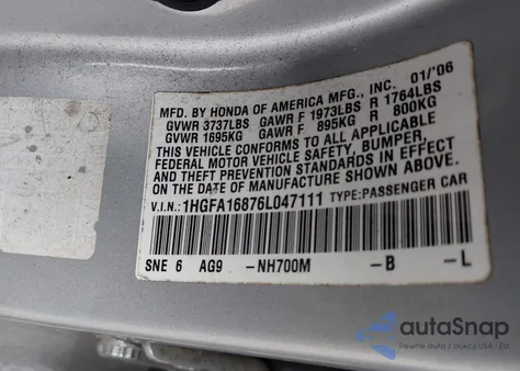 2006 Honda Civic Ex from USA, damaged, VIN 1HGFA16876L047111